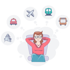 A girl sits with her eyes closed resting and dreaming of a journey on a light background. Above it are clouds with drawings of transport. Vector drawing