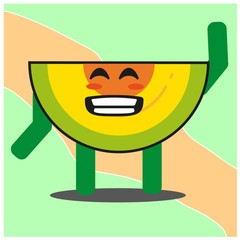 Cute slice of melonfruit cartoon face mascot character with hand and leg vector design