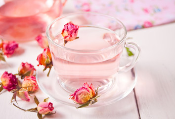 Cup of roses tea. Healthy herbal detox tea.