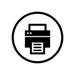 Black round printer / printing paper icon. Simple printing machine flat design pictogram concept for app ads logo web banner button ui ux interface elements, vector isolated on white background - obrazy, fototapety, plakaty