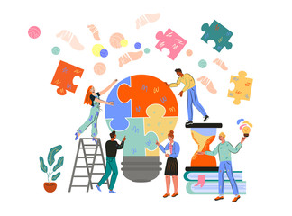 Business people are busy with joint tasks and work. Partnership and collaboration of business team. Collaboration in searching of best solution for company. Cartoon vector illustration isolated.