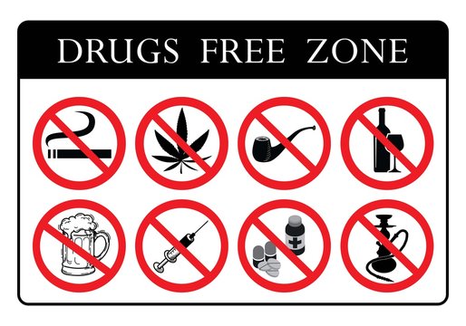 Drugs Free Zone Board. No Drugs Prohibition Sign collection. No Smoking, No  Marijuana, No tobacco pipe, No alcohol, No Beer, No pills sign, No Hookah  icons collection drawing by illustration Stock ベクター 