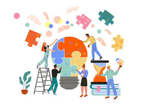 Business people are busy with joint tasks and work. Partnership and collaboration of business team. Collaboration in searching of best solution for company. Cartoon vector illustration isolated.
