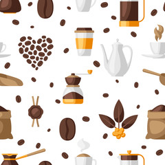 Seamless pattern with coffee icons. Food illustration of beverage items.