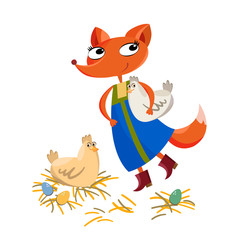 Sweet fox in a chicken coop on a white background for children. Fox character from the fairy tale