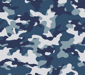 Blue camouflage military pattern on a classic design textile. Ornament.