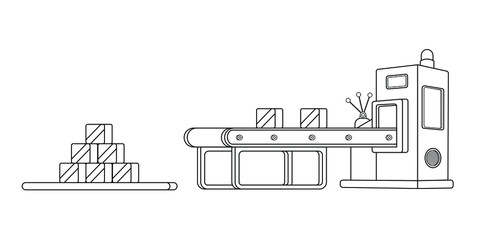Conveyor assembly line in outline style. Automatic production line concept. Industrial mass production conveyor. Vector illustration