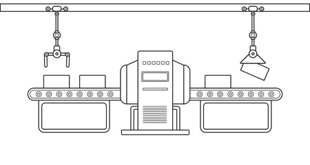 Conveyor assembly line in outline style. Automatic production line concept. Industrial mass production conveyor. Vector illustration