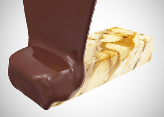 Melted Milk Chocolate Pouring into Caramel to make a Chocolate Bar on gradient background
