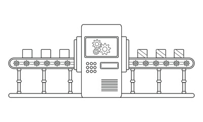 Conveyor assembly line in outline style. Automatic production line concept. Industrial mass production conveyor. Vector illustration