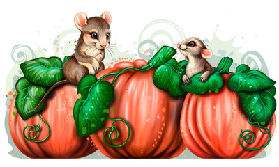 Pumpkins and mice. Wall sticker. Artistic, color, drawn image of three pumpkins and cute mice sitting on them on a white background in watercolor style. Layer group