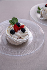dessert Anna Pavlova. Vertical photo. A photo for instagram stories.Photo for restaurant menu.