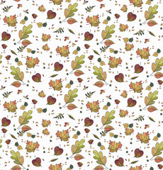 Colorful autumn leaves on a white background. Seamless pattern. Leaves of maple, oak, birch, poplar. Fall