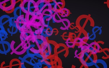 Multicolored translucent dollar signs on dark background. Red tones. 3D illustration