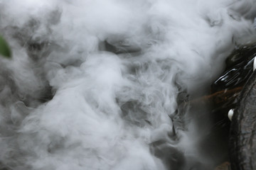 Defocused and blurred image for background. White steam,Hot Springs, Boiling and steaming water in...