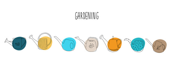 Watering cans set. Different shapes. Outline. Hand drawn vector illustration isolated on white background.