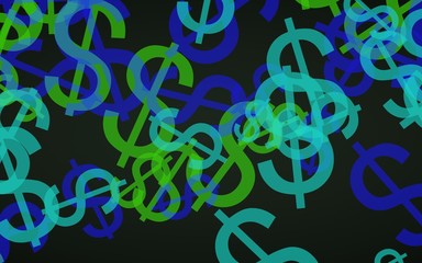 Multicolored translucent dollar signs on dark background. Green tones. 3D illustration