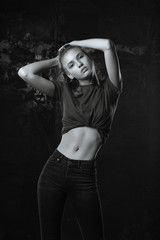 Test shooting for blonde girl wears stylish apparel