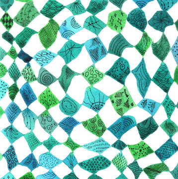 Abstract watercolor rhombuses with patterns of green, blue, azure colors.