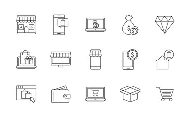 Shopping online line style icon set vector design