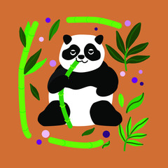 Fat cute panda is sitting idly. The animal slowly eats a delicious juicy bamboo stick. Panda has a black and white color and lives in Asia. Is a rare animal