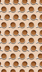 Coffee pattern. Modern design for cafes and restaurants. Coffee mug with a hard shadow on a light beige background. Seamless texture. A large cup of black coffee