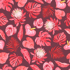 Watercolor decorative seamless pattern with tropical red flowers and leaves on a burgundy background.