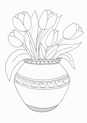 Coloring sheet with vase of flowers