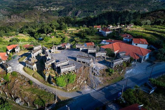 Aerial view of the traditional granaries (espigueiros) in the village of Soajo, in the Minho Region, Portugal