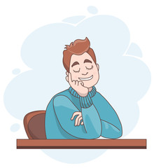 Vector illustration. A man sitting at a table is resting, closed his eyes and dreams