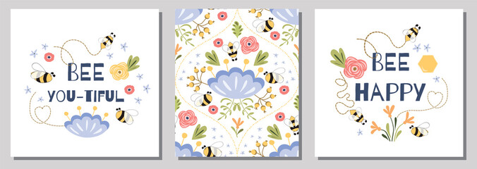 Love yourself quote about woman beauty Bee happy, be beautiful Cute phrase Girls banners beautiful set