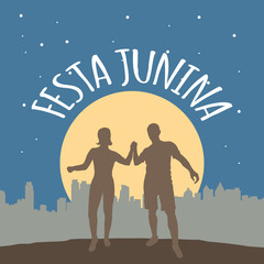 Festa Junina poster for brazilian carnival, festival, night party. Silhouette of men and women dancing outdoors on a background of city houses, starry sky and moon. Vector illustration for banner.