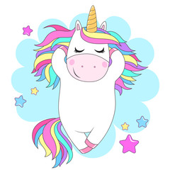 Cute white unicorn with rainbow hair