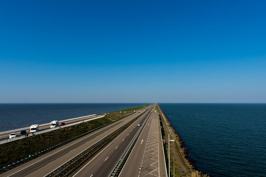 A7 motorway on the Afsluitdijk dam, connecting the Dutch provinces of North Holland and Friesland over water