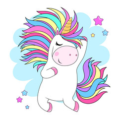 Cute white unicorn with rainbow hair