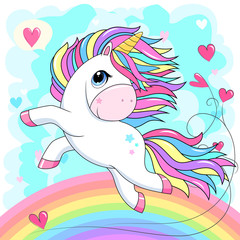 Little white unicorn with rainbow hair and hearts