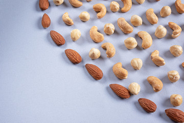 Fototapeta na wymiar Walnut background. Healthy fats. Different nuts on a gray surface.