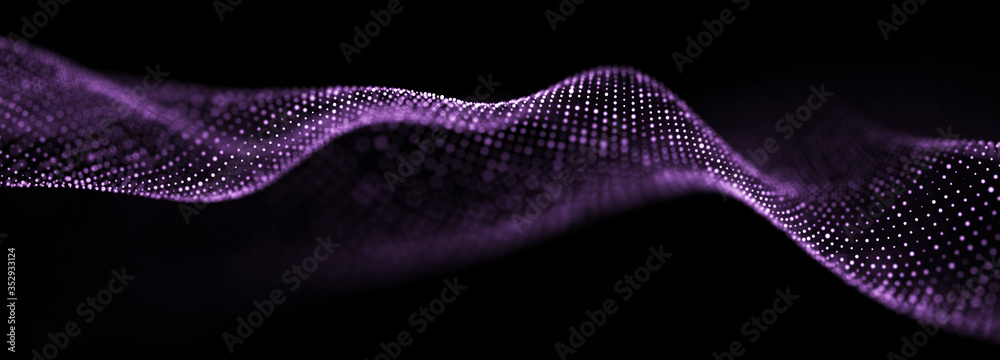 Poster Wave of particles. Abstract background with a dynamic wave. Big data. Futuristic particles background. 3d rendering.