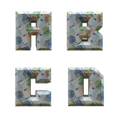 3D alphabet wrapped around with Euro banknotes: letters A-D on white background