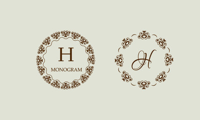 Set of elegant round floral monograms with the letter H brown. Design templates for invitations, menus, labels. Business logo is identical for a restaurant, hotel, heraldry, jewelry.