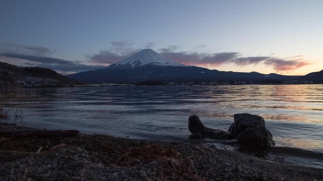 Mt. Fuji over Lake Kawaguchiko at sunset in Fujikawaguchiko, Japan