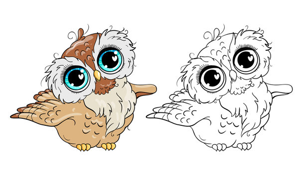 Cute owls line and color vector illustrations