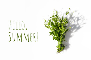 Delicate bouquet of little flowers on a yellow background. Flat lay summer concept. Minimalism. Hello Summer Text