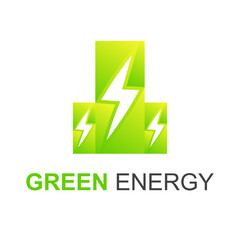 Green electric power vector logo design element with Natural shape. Eco energy and bio thunder electricity symbol concept. Lightning bolt sign. Flash vector emblem template. Power fast speed