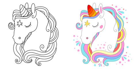 Line and color unicorns vector illustration for coloring book