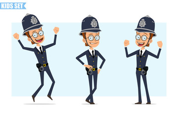Cartoon flat funny british policeman boy character in helmet, glasses and uniform. Ready for animation. Smiling kid jumping, standing and showing muscles. Isolated on blue background. Vector icon set.