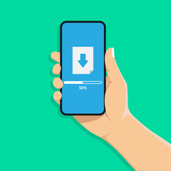 Hand holds a mobile phone. The loading process on the smartphone screen. Software interface background.