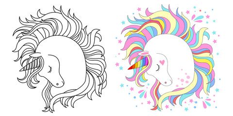Line and color unicorns vector illustration for coloring book