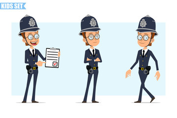 Cartoon flat funny british policeman boy character in helmet, glasses and uniform. Ready for animation. Kid standing, walking and showing to do list. Isolated on blue background. Vector icon set.