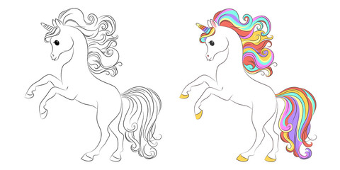 Obraz na płótnie Canvas Cute unicorn line and color. Vector illustration for coloring book